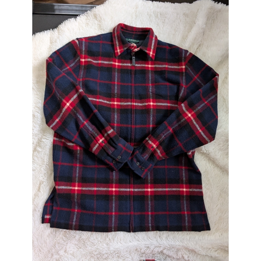 Ralph Lauren 100% Wool Collared Shacket Navy Plaid Zip Up Jacket Men's Medium